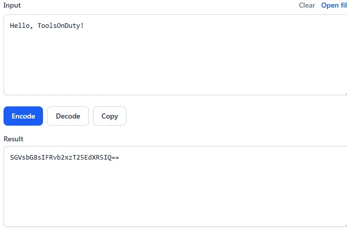 Base64 encoder showing plain text input and its encoded result