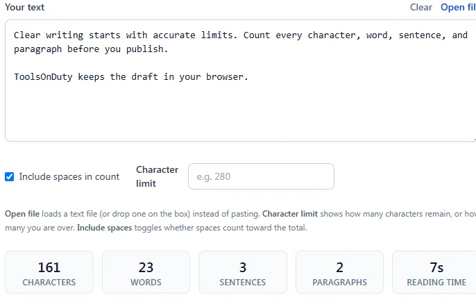 Character Counter showing totals for characters, words, sentences, paragraphs, and reading time