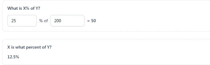 Percentage calculator showing that 25 percent of 200 is 50