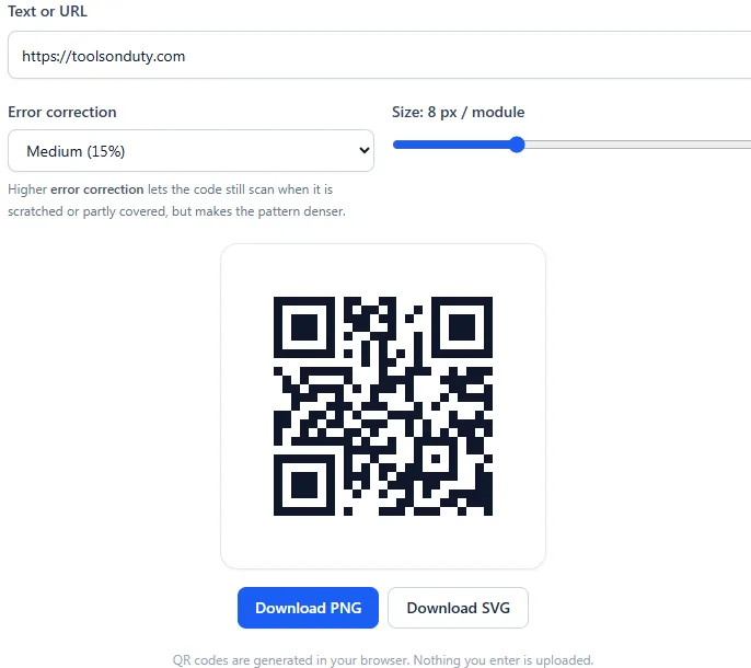 QR code generated for the ToolsOnDuty website with medium error correction