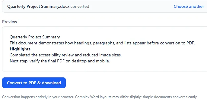 Word to PDF converter previewing headings and paragraphs from a DOCX file