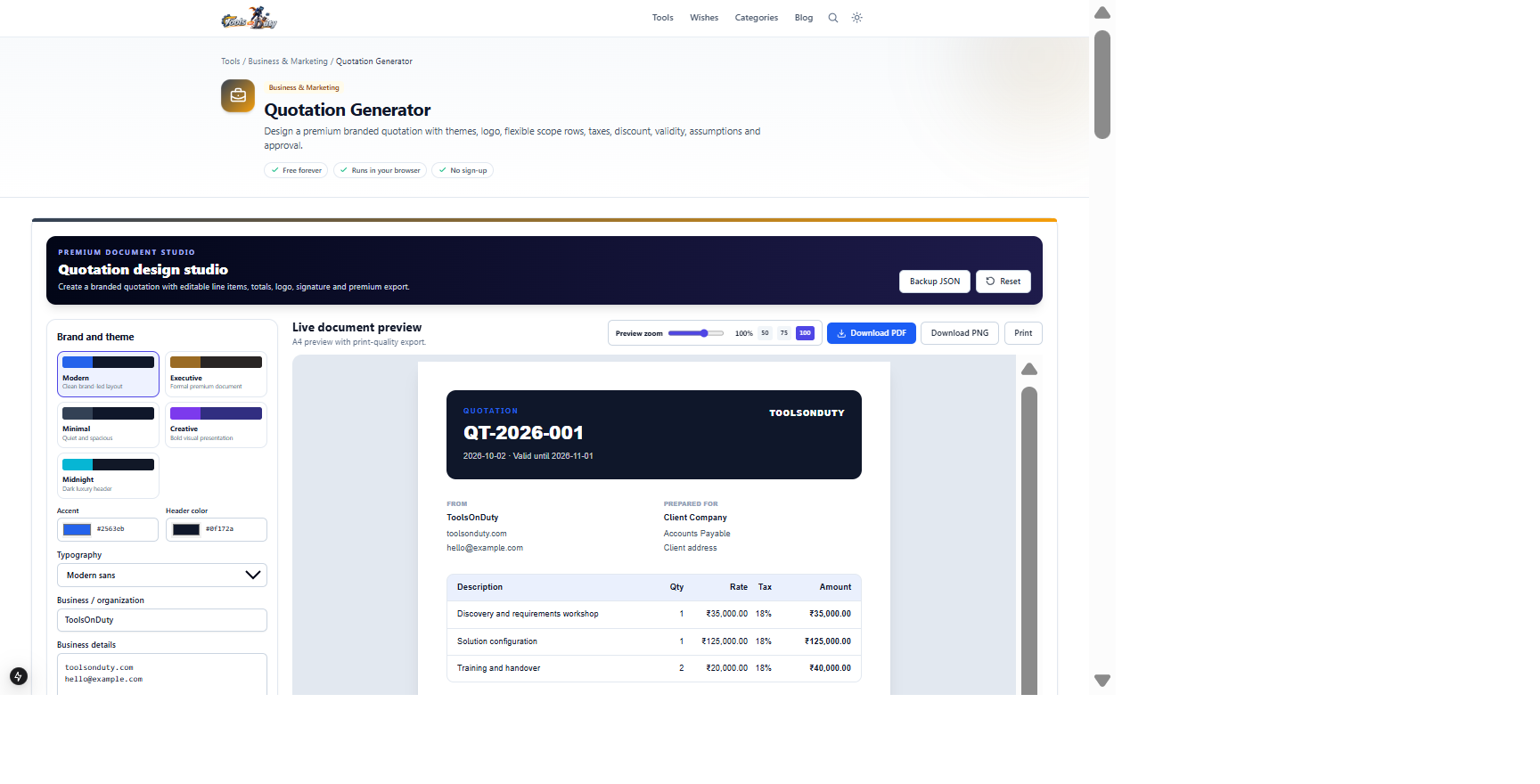 Quotation Generator showing business controls beside a branded quotation preview with scoped pricing