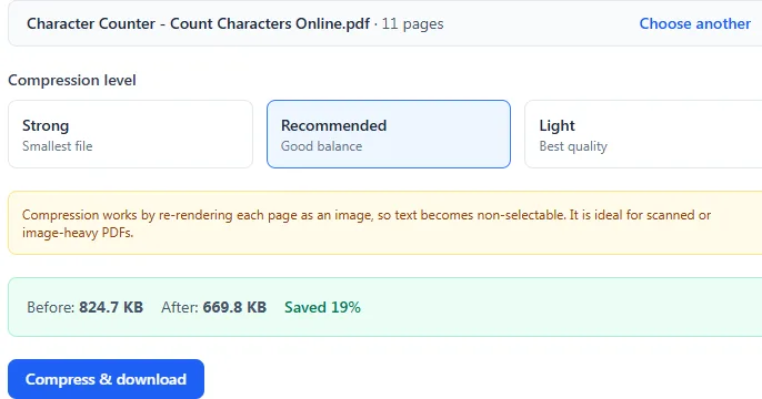 PDF compressor showing recommended settings and a 19 percent size reduction