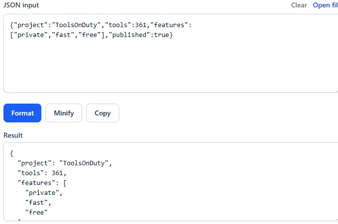 JSON Formatter displaying compact input and a readable indented result