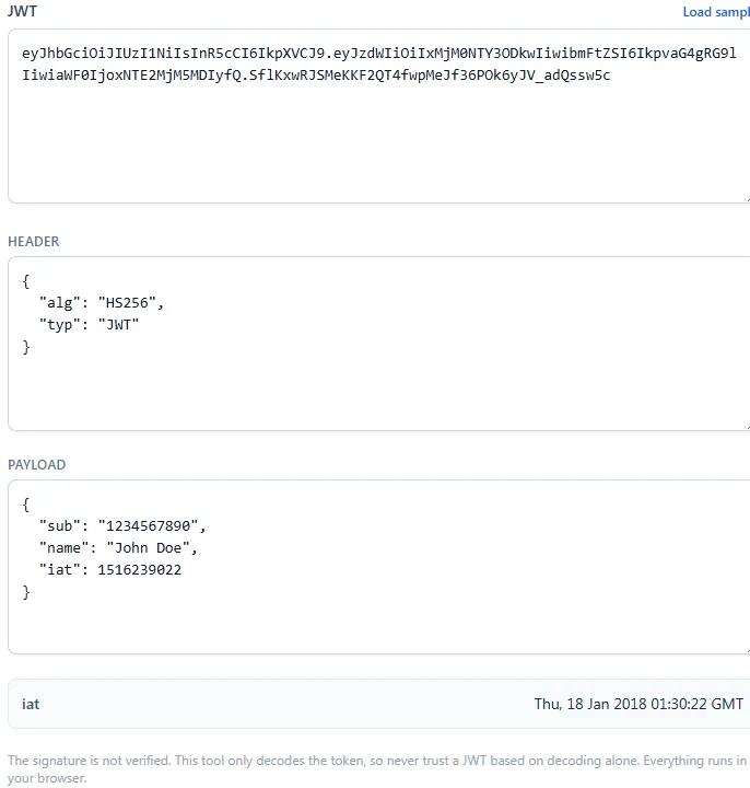 JWT decoder displaying a token header, payload, and issued-at timestamp
