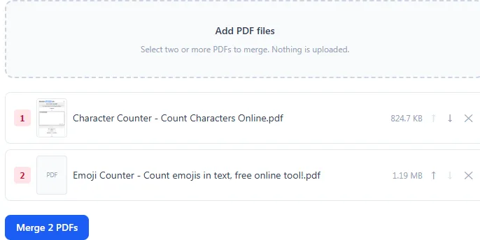 Merge PDF tool with two PDF files arranged in order and ready to combine
