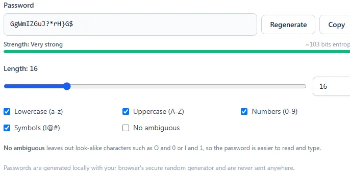 Password generator with a 16-character result and a very strong entropy estimate