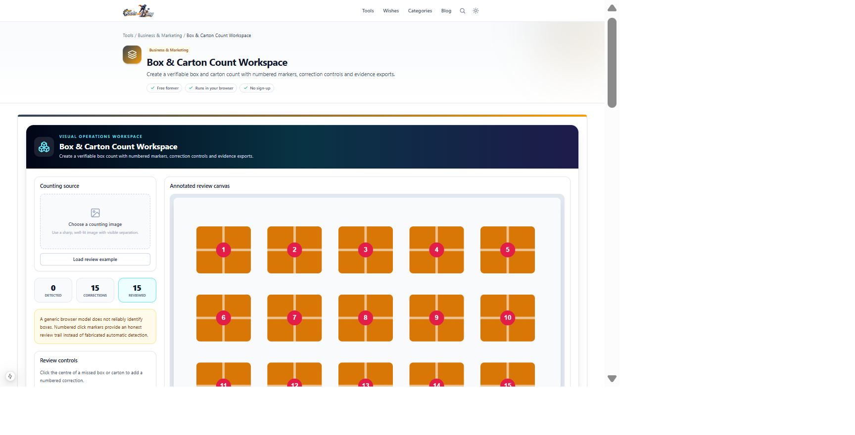 Box & Carton Count Workspace deterministic example with numbered count evidence and review controls