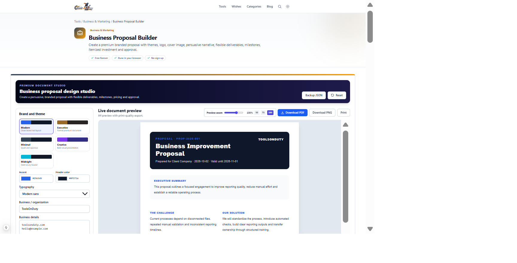 Business Proposal Builder showing proposal controls beside a branded multi-section document preview