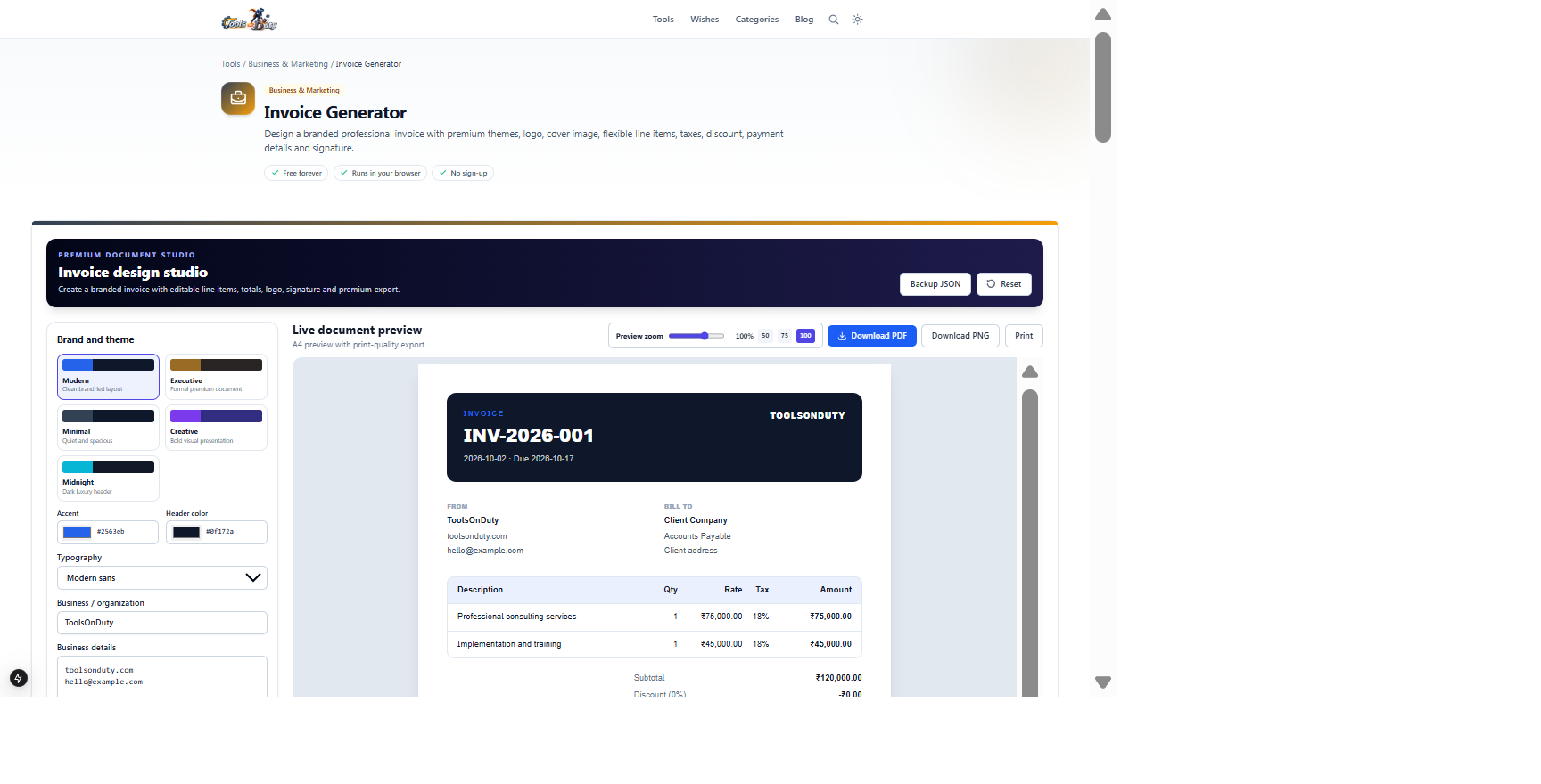 Invoice Generator showing theme controls and an itemized A4 invoice preview with calculated totals