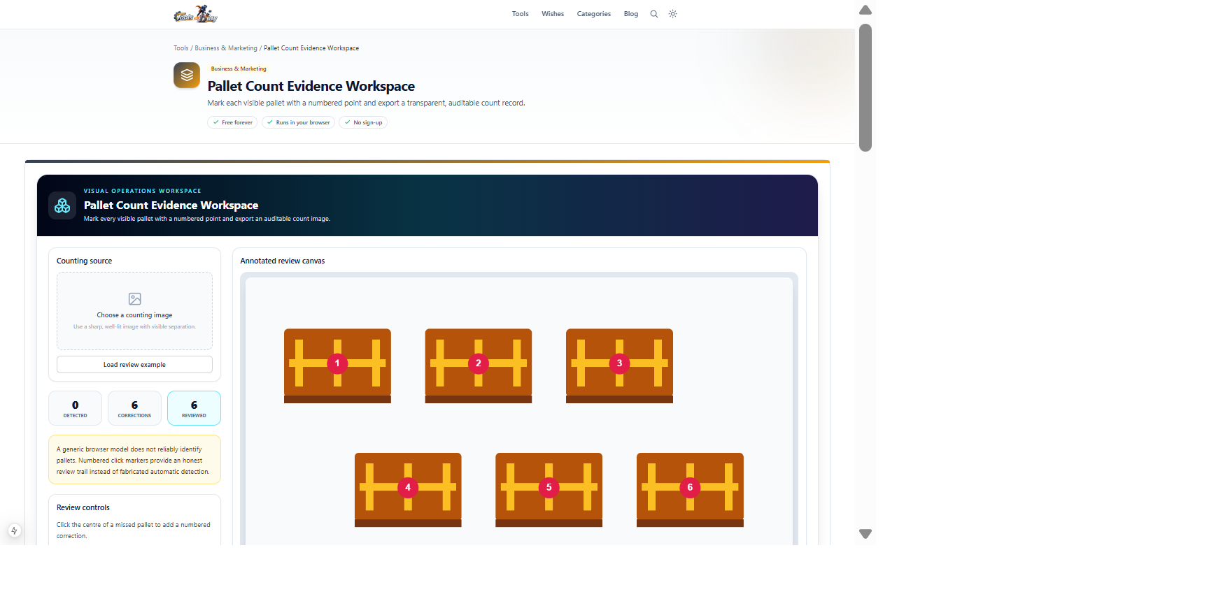 Pallet Count Evidence Workspace deterministic example with numbered count evidence and review controls