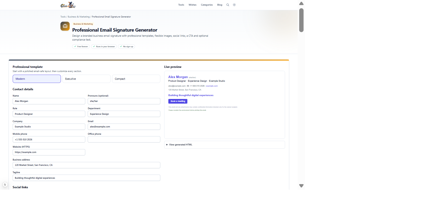 Professional Email Signature Generator showing identity controls and a branded live email signature preview