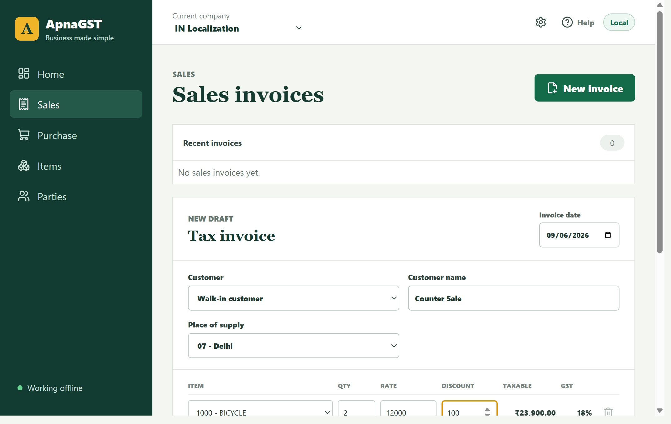 ApnaGST sales invoice workspace showing customer, tax and item details