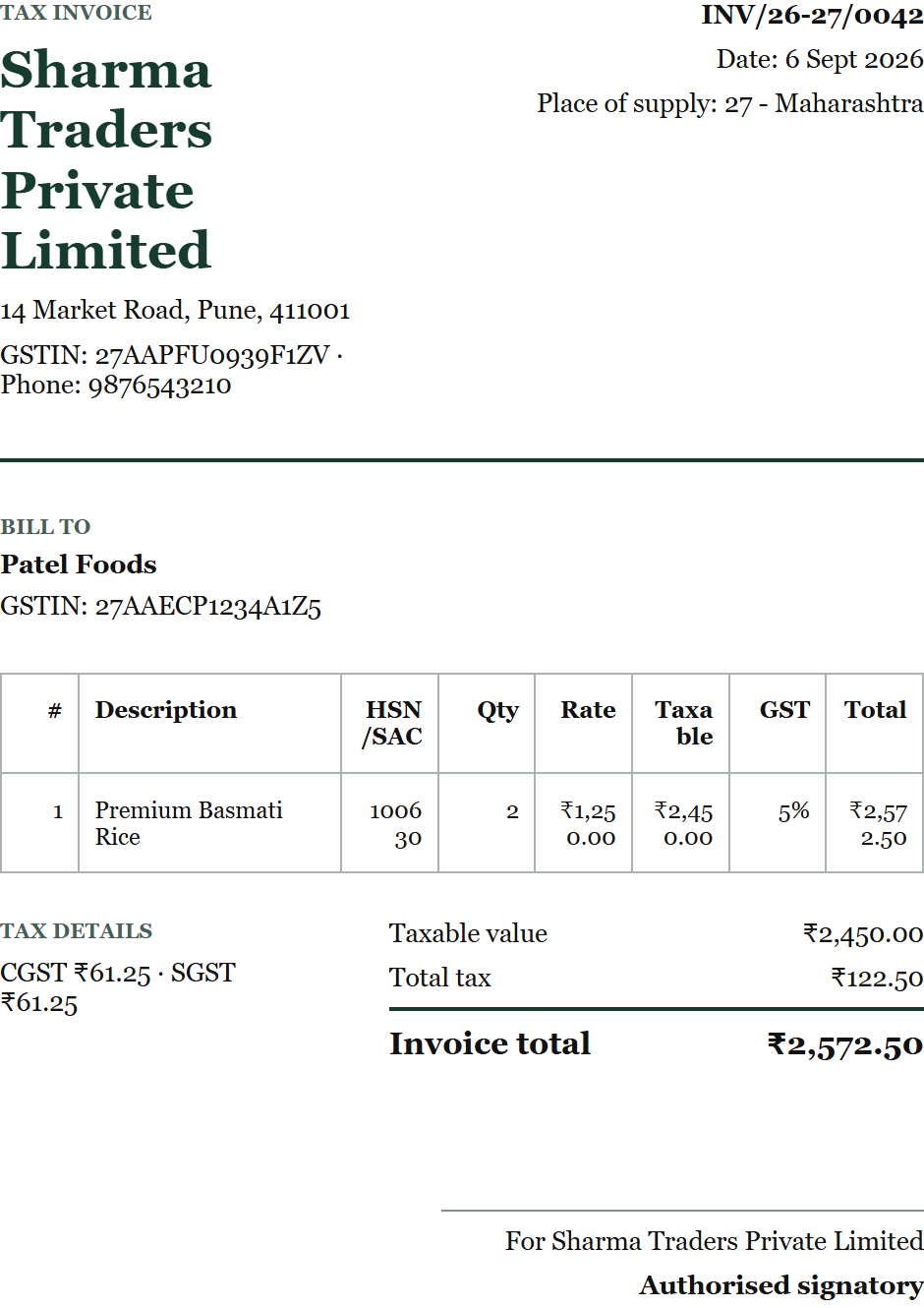 Tax invoice generated by ApnaGST